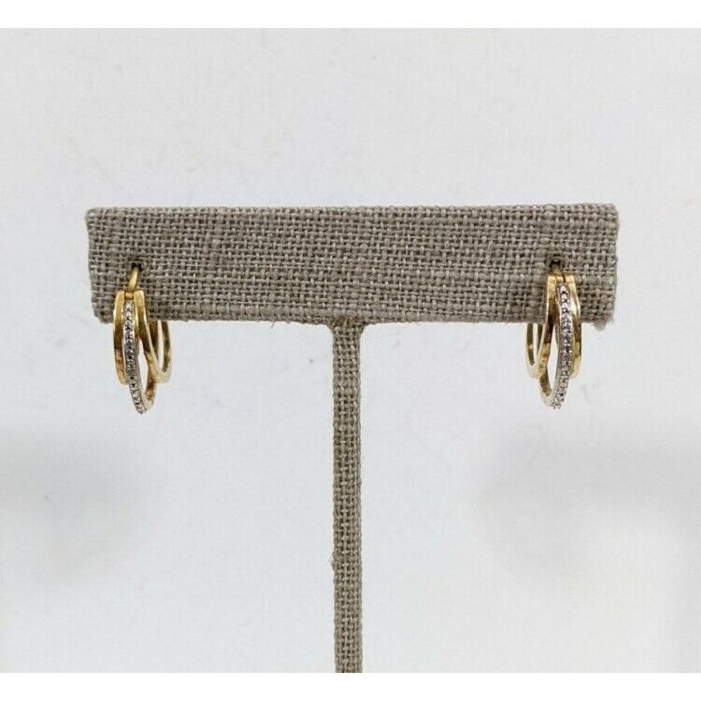 Gold Toned Sterling Silver Huggie Earrings Signed 925 SUN - cz white stone hoops